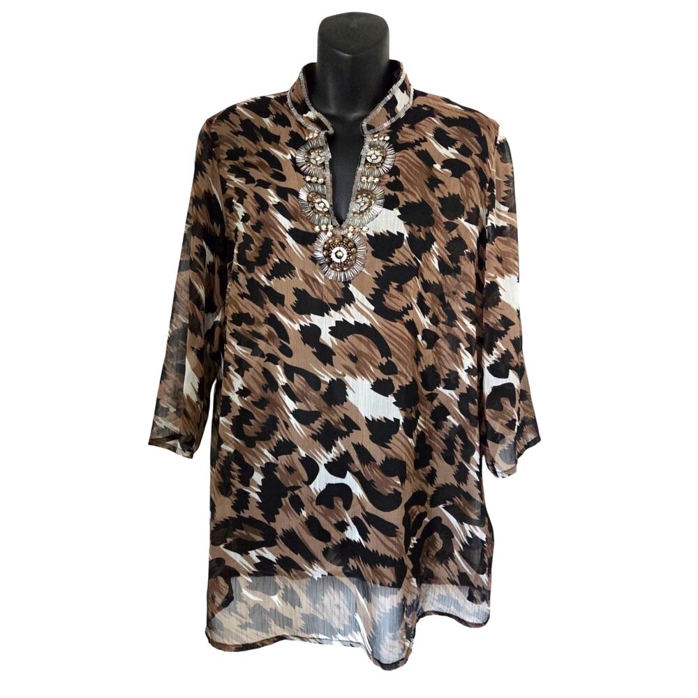 Carina Beaded Leopard Print Sheer Tunic Blouse Sz M Embellished V-Neck Top